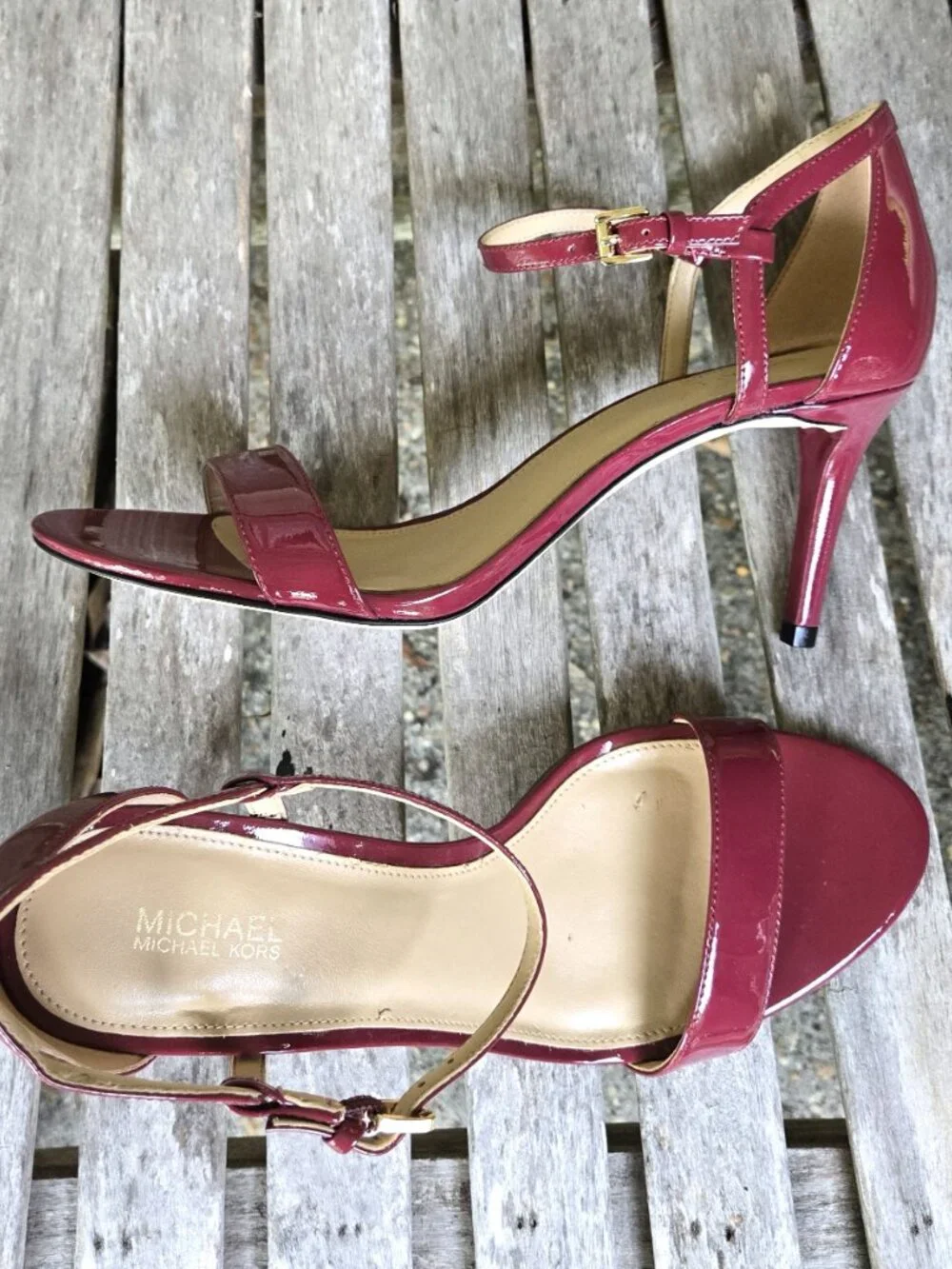 New MICHAEL Michael Kors Simone Mid Sandals Wine Patent Heels Shoes 8.5